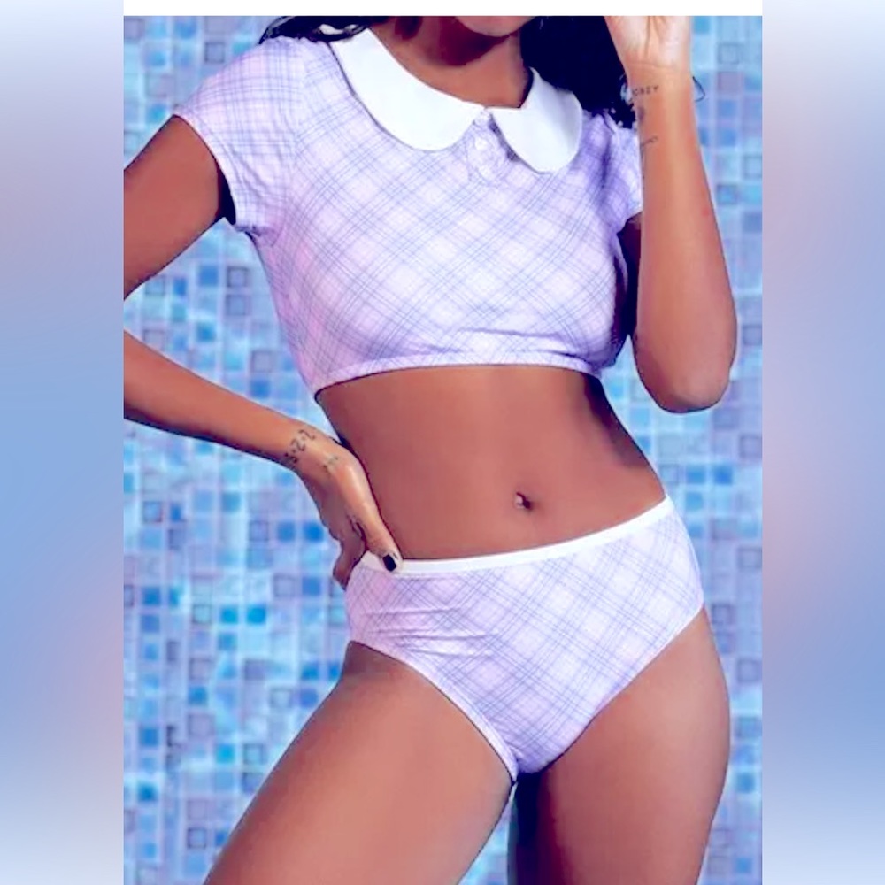 Hot Topic Kawaii Pink & Purple Plaid Collared Swim Top & High waisted bottoms